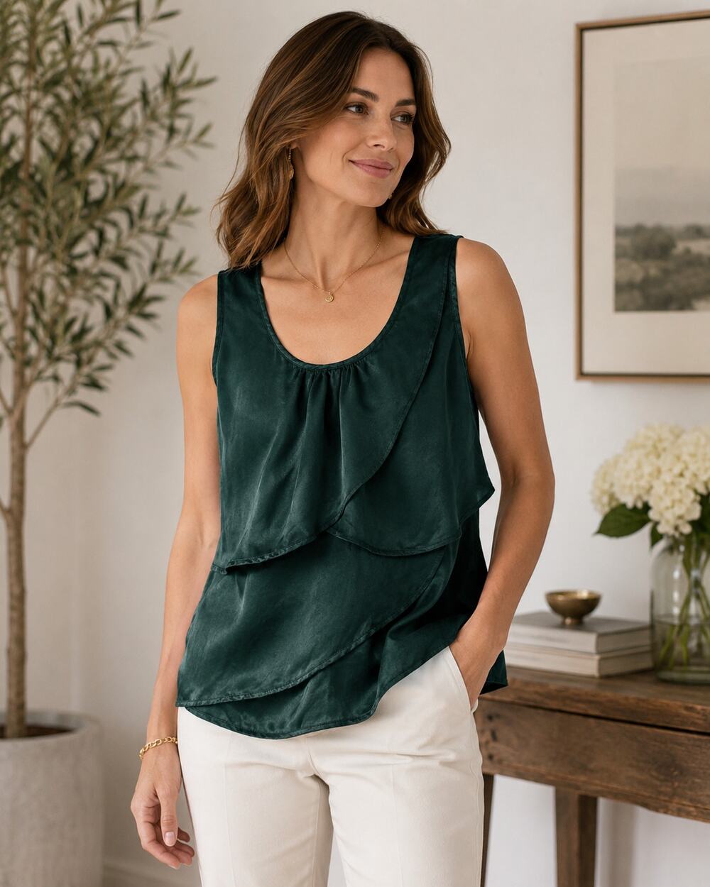 Talbots 100% Silk Sleeveless Layered Ruffle Blouse Women's 14 Green Scoop Neck